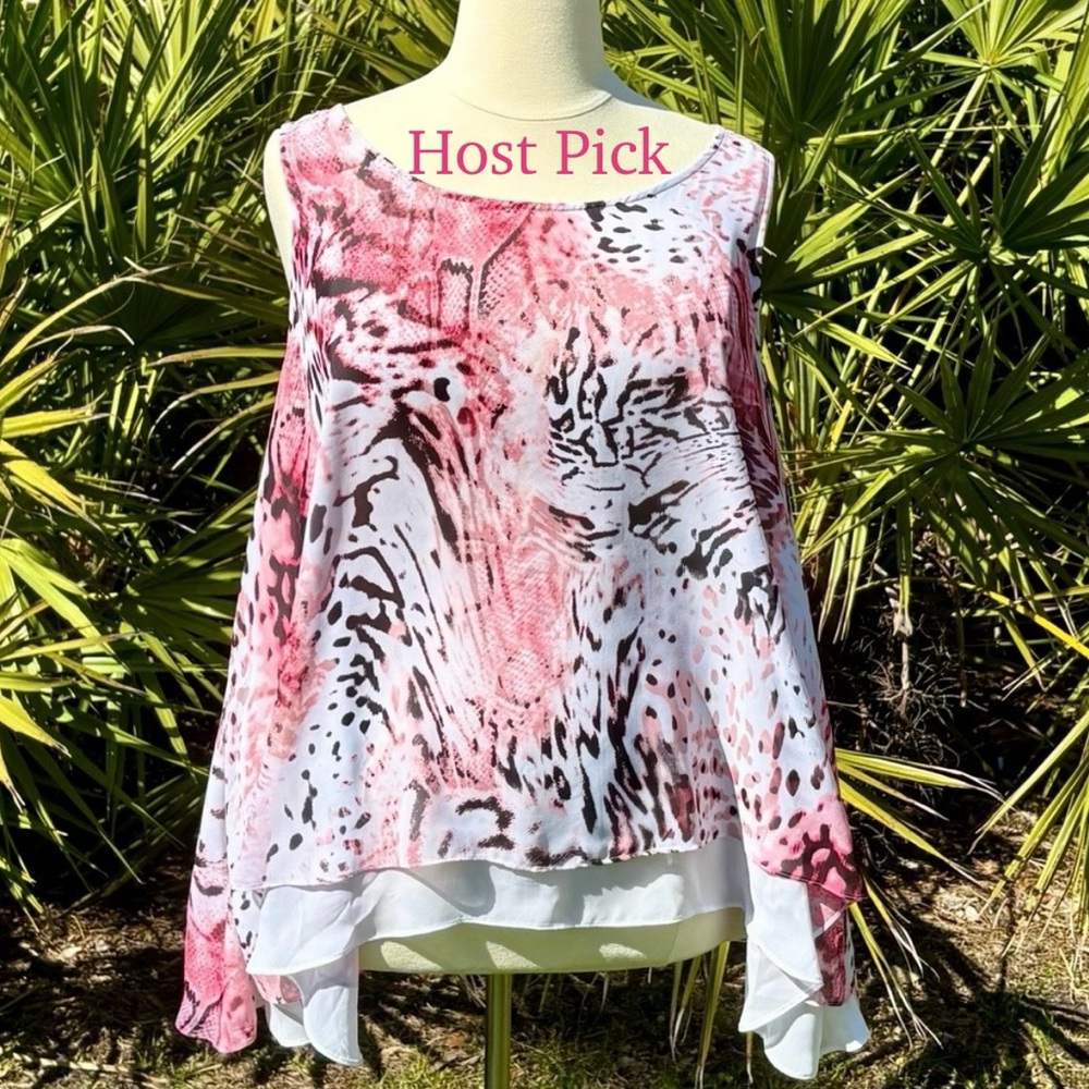 J. Lo White Pink Sleeveless Blouse Size 3XL Exotic Snakeskin Tiger Flowy